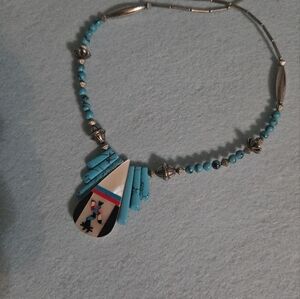 Eagle Beautiful Vintage Necklace With MOP Jet Tourquoise Liquid Silver Beads 20"
